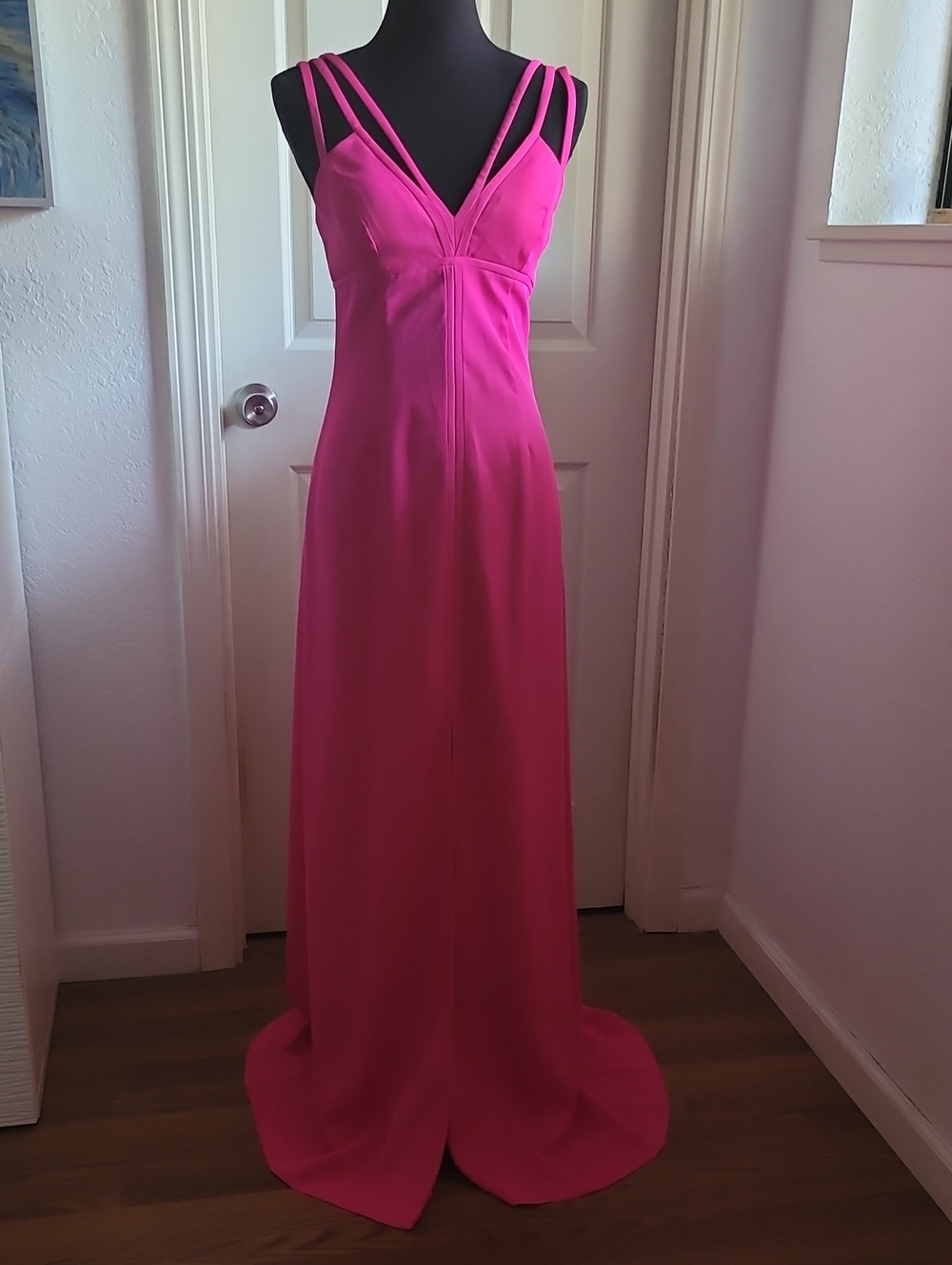 Aidan Mattox Fuchsia V-Neck Strappy Maxi Gown PROM OR GUEST SUMMER WEDDING 4 NEW